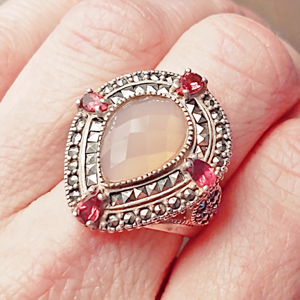Vintage Chalcedony, Garnet & Marcasite Ring- Size 6.5